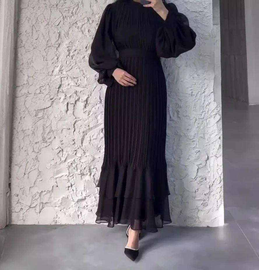 

Women's Dress Elegant Fashion Solid Color Mesh Round Neck Lantern Long Sleeve Ruffles Hem High Waist A-line Long Pleated Dress