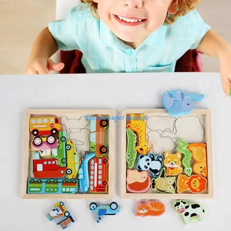 090b Bloc d'animaux en bois Puzzle puzzle jouet animaux en forme jeu en bois Puzzle Educational Stacking Game pour les