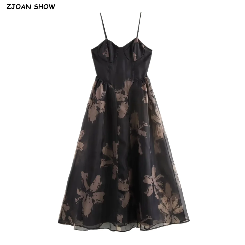 

2024 Princess Black Flower Print Sling Organza Dress Retro Women Corset Style Slim Low Waist Swing Midi Long Fairy Cake Robe