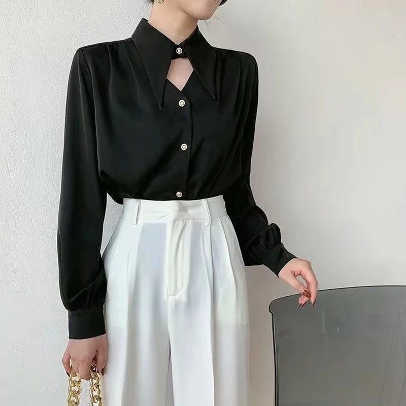 Satin Elegant Chic Sexy Hollow Pointed Collar Office Lady Button Up Shirt New Fashion V-neck Temperament Blouse Top Women Blusas