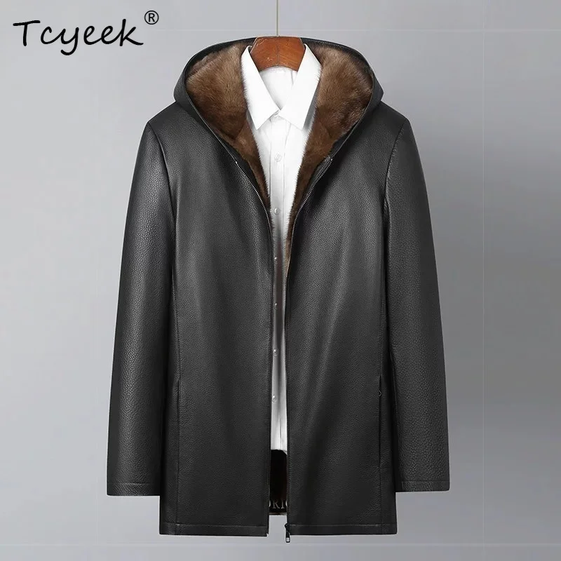 Tcyeek Natural Coffee Whole Mink Mens Coats Cowhide Real Leather Jacket Men Fashion Winter Jackets Mid-length Куртка Мужская