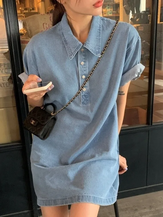 

Ele Summer New Collar Loose Women's Denim Dr ort Sve High-End Feeling Commute Sle Pure Color Другой материал