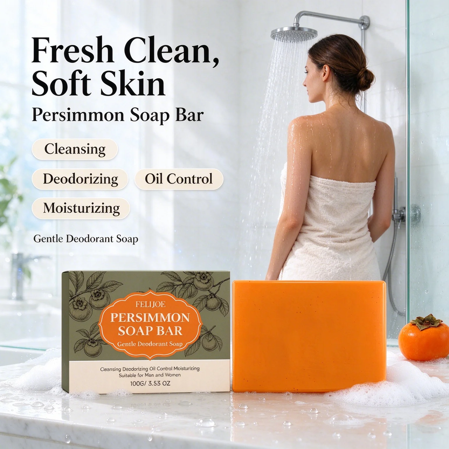 100g Persimmon Soap Bar for Body Odor Removal, Handmade Persimmon Green Tea Soap for Face and Body Wash Gentle Deodorant Bar