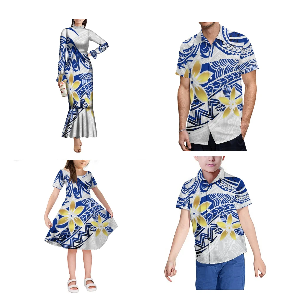 Elegante mamma ragazza vestito casual papà figlio tasca camicia Samoa Isole Fiji abbigliamento familiare polinesiano personalizzato di alta qualità 2025