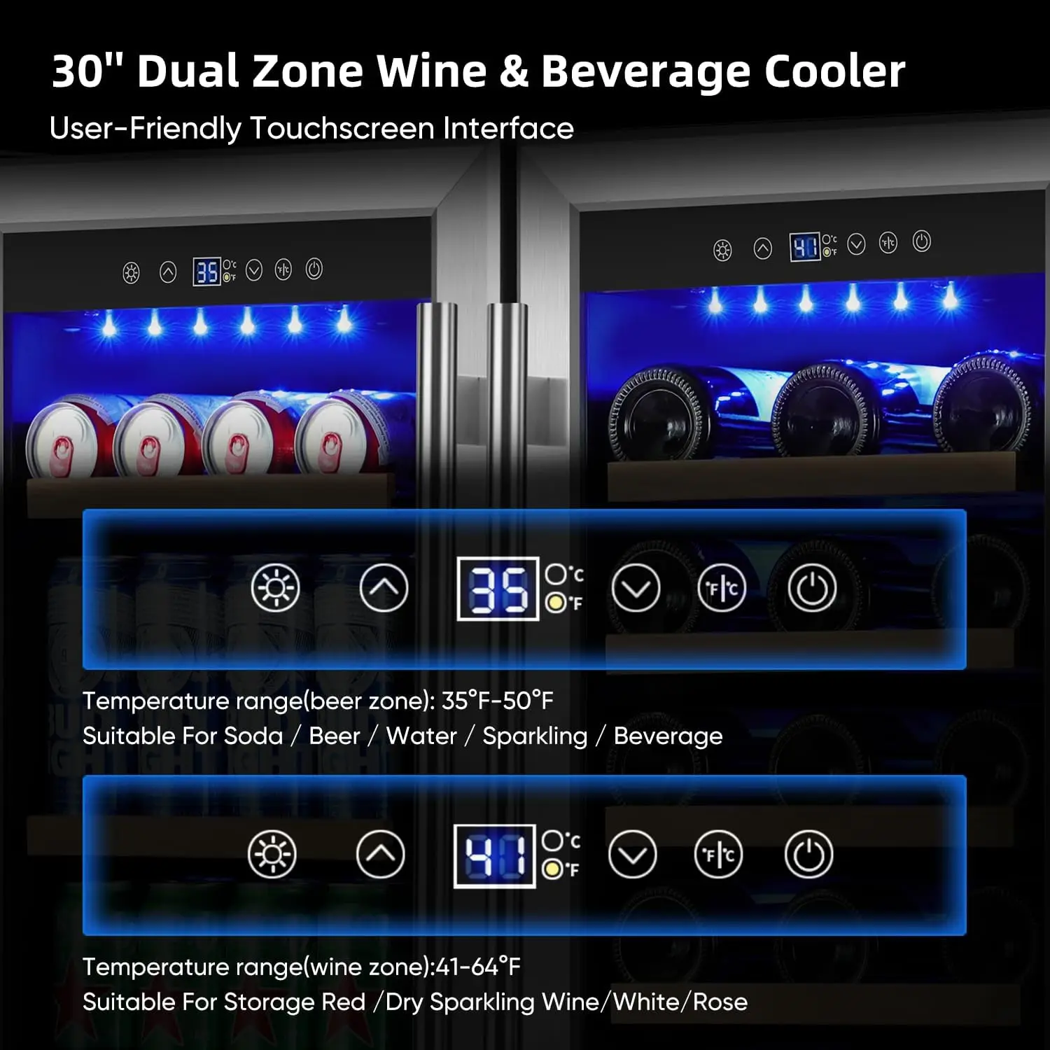 Wine and Beverage Refrigerator 30 Inch, Beverage Fridge Dual Zone with Upgraded Cooling