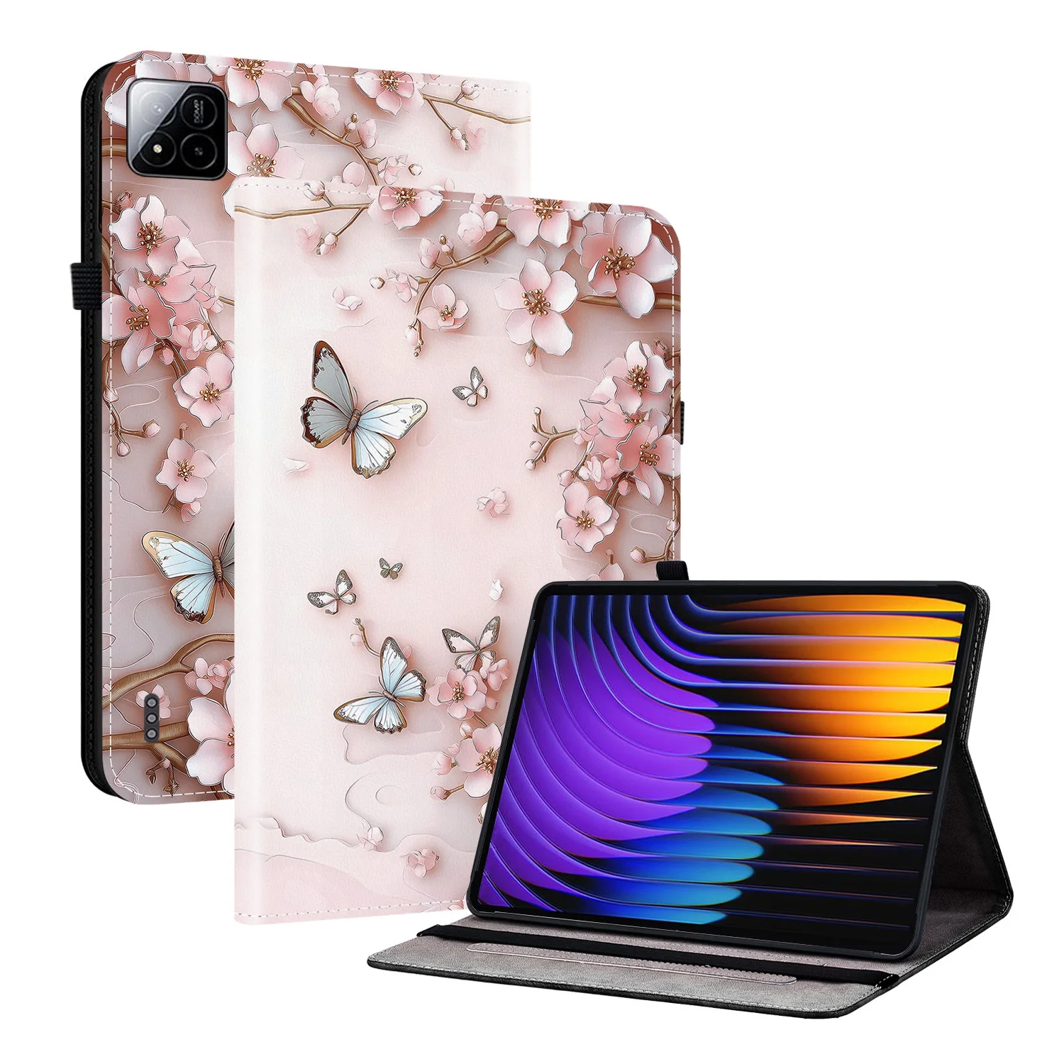 

For Xiaomi Pad 7 / Pad 7 Pro Leather Case Pattern Printed Stand Tablet Cover with Card Slots - Pink Butterfly