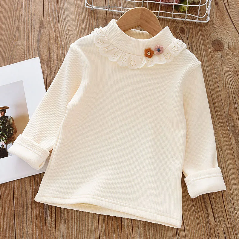 1pcs Children\'s T-Shirts Flower Decoration Velvet warm top Kids Half High Collar Long Sleeve Base Shirt Girls Tshirts Clothes