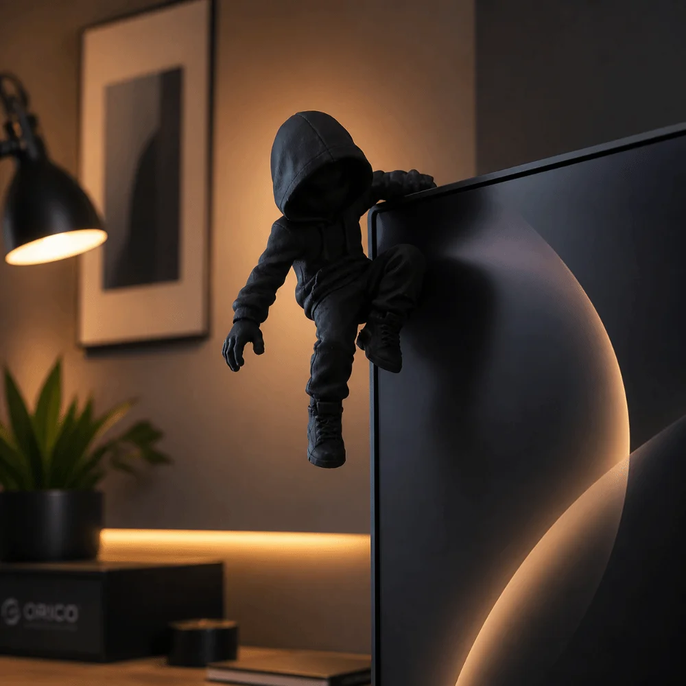 Gaming Room Decor 3D Printed Climbing Ninja Statue Funny Creative Ninja Ornaments Hanging Decor Hooded Man Figure Bookshelf