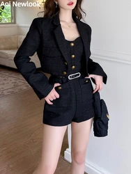 Sexy Spice Girls Black Woven Suit donna autunno Blazer di alta qualità cappotto + reggiseno pantaloncini siamesi cintura elegante Socialite 2 pezzi Set