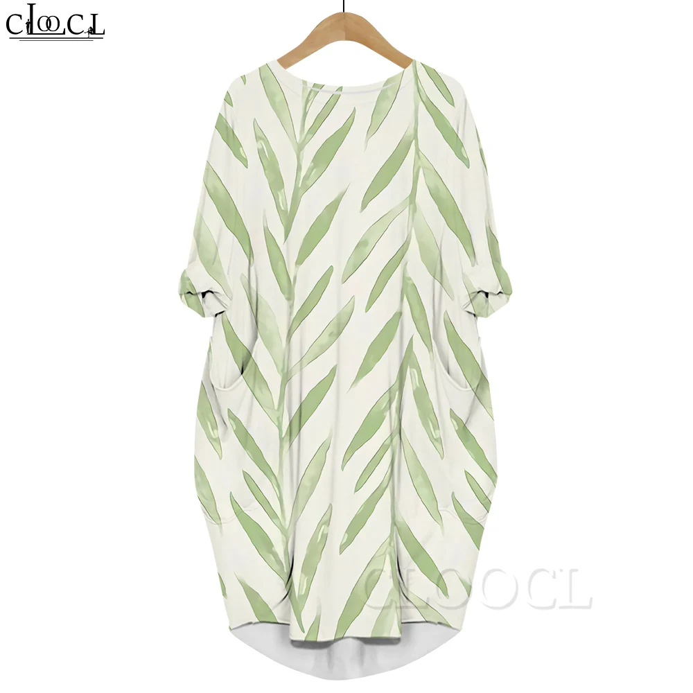 

CLOOCL Women Dress Green Wickers Pattern 3D Printed Long Sleeve Pocket Dress Summer Female Loose Dresses Casual Style