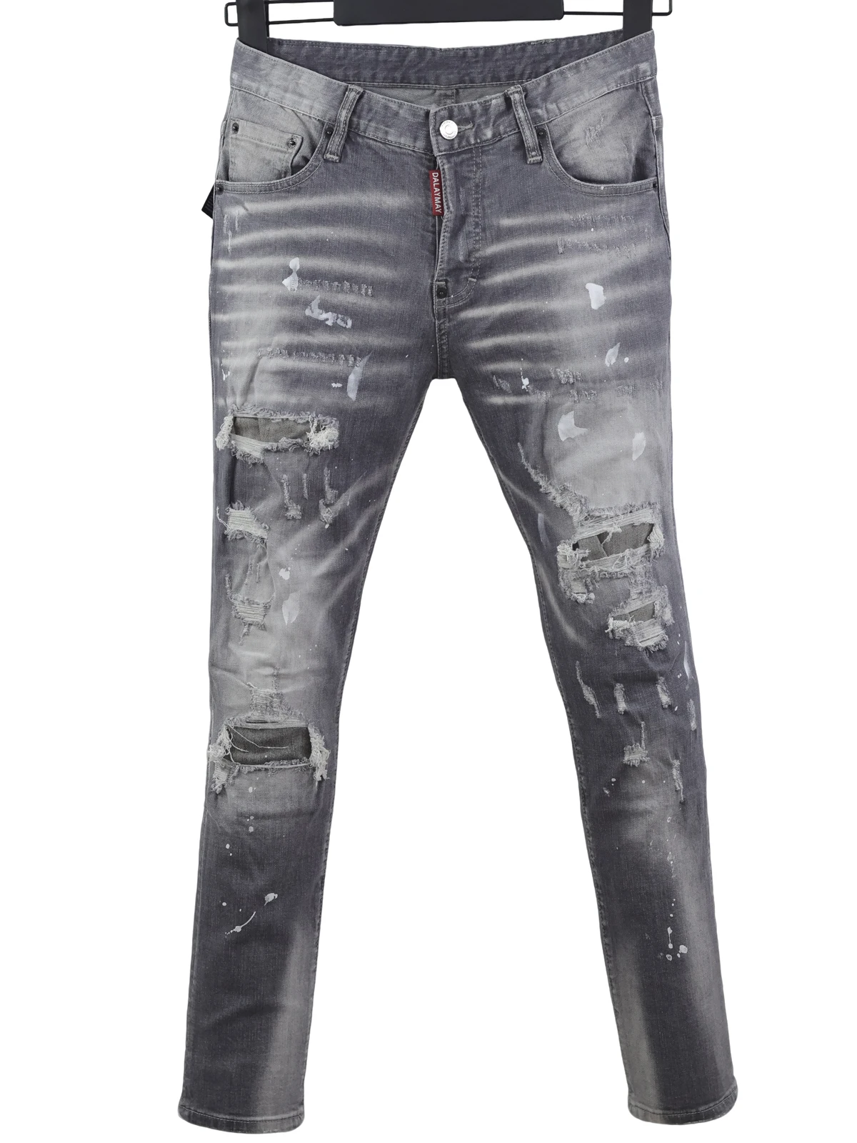

6058 Four Seasons New D2 Jeans Men's Fashionable Washed Slim-Fit Ripped Patch Pink Pants Grey