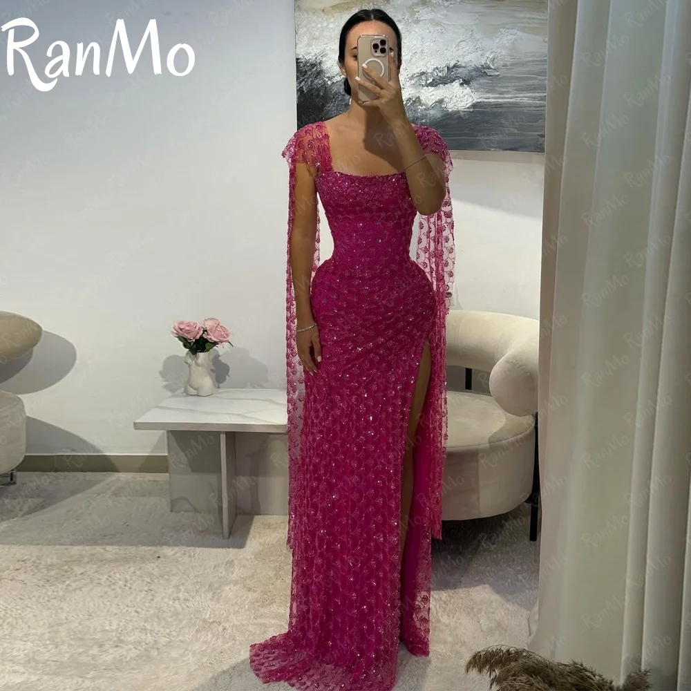Ranmo Sparkly Sequined Pink Evening Dress with Wrap Side Slit Wedding Party Dresses Customized Pleat Luxury Prom Gown Sleeveless