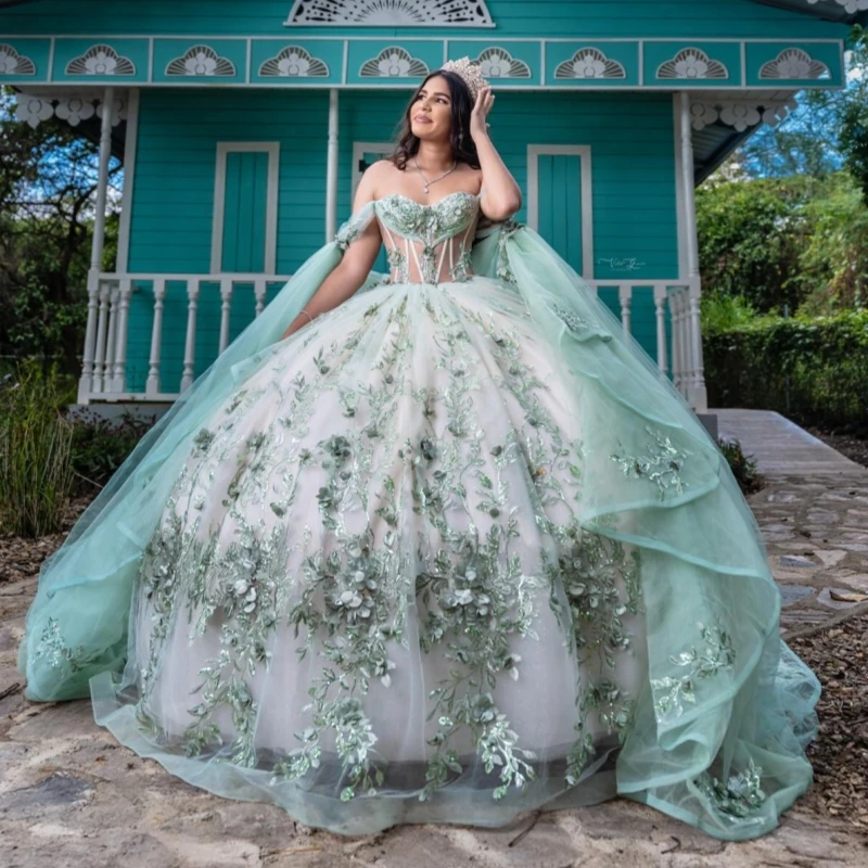 

Green Quinceanera Dresses Off Shoulder Ball Gown Sweet 16 Dress Applique Lace Beads Tull With Cape Birthday Party Vestidos 15