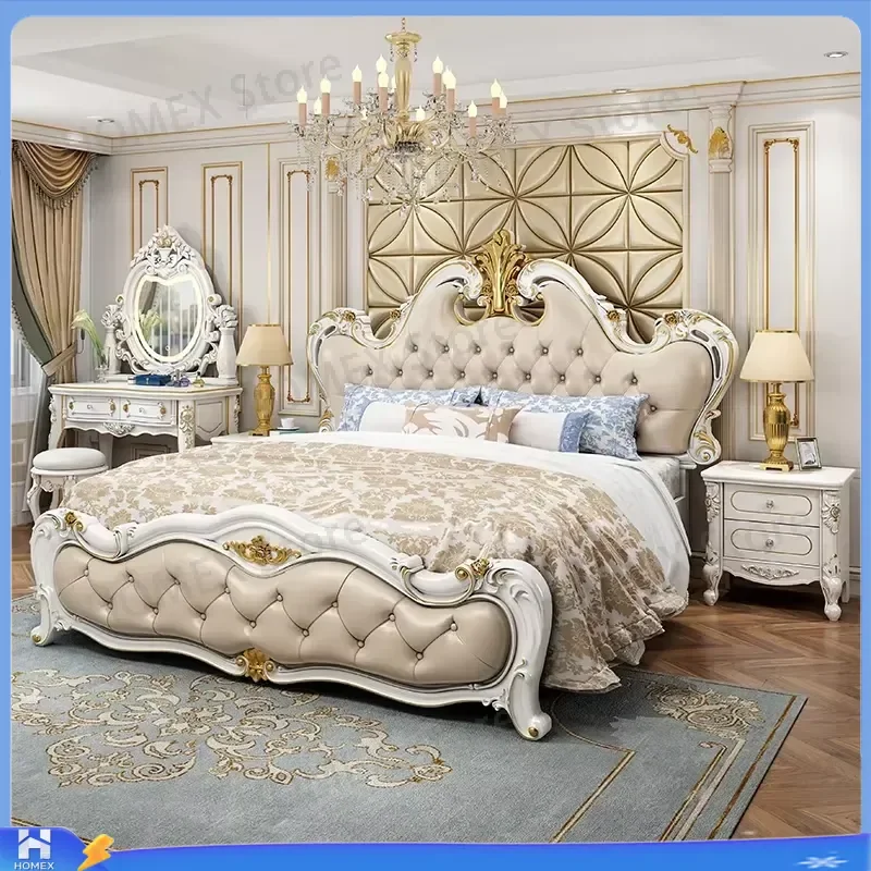 Luxury European Castle Bed King Size Princess Theme Bedroom Furniture Unique Platform Bed Frame Double Bed for Adults Home