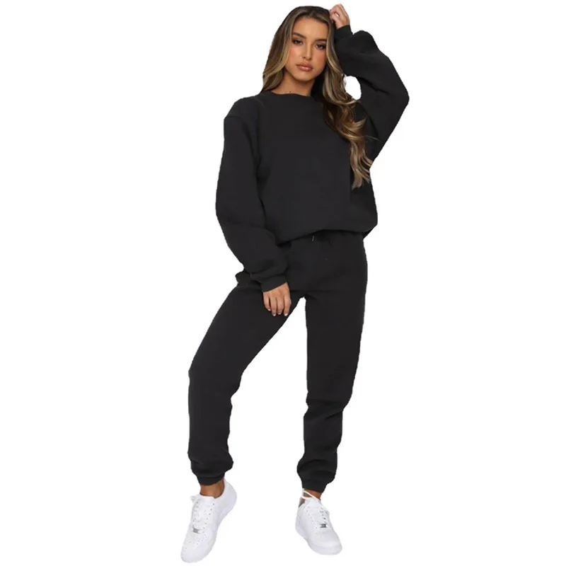 Women's Sports Set Two-Piece Set of Trousers Long Sleeve Round Neck Sweater Pullover Casual Solid Color Trousers Pocket 2025
