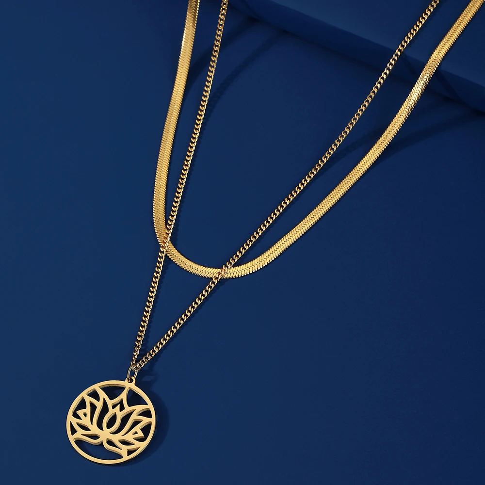 

Kkjoy Lotus Pendant Necklaces For Women Silver Color Stainless Steel Flower Double Chain Personality Fashion Jewelry Accessories