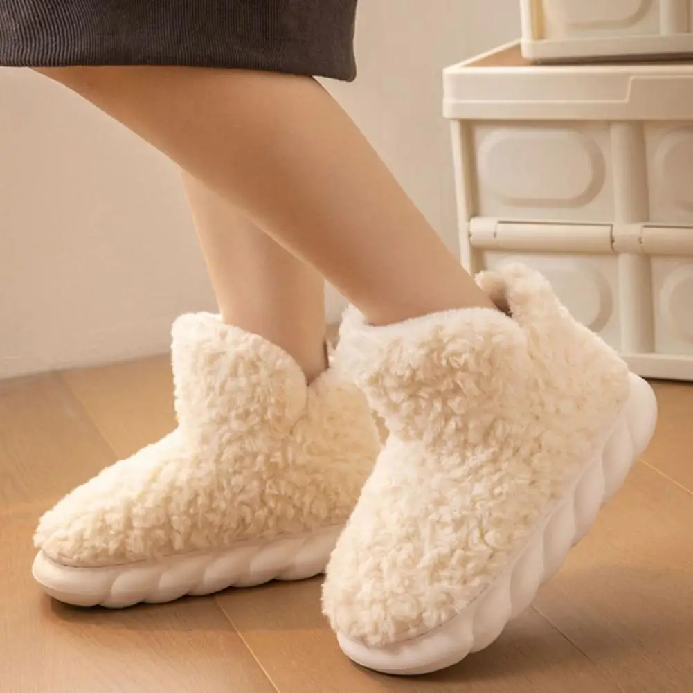 1 Pair Women Fuzzy Boots Anti-slip Thick Bottom Slippers Soft Warm Plush Indoor Outdoor Cotton Shoes with Cold-Resistant Rubber