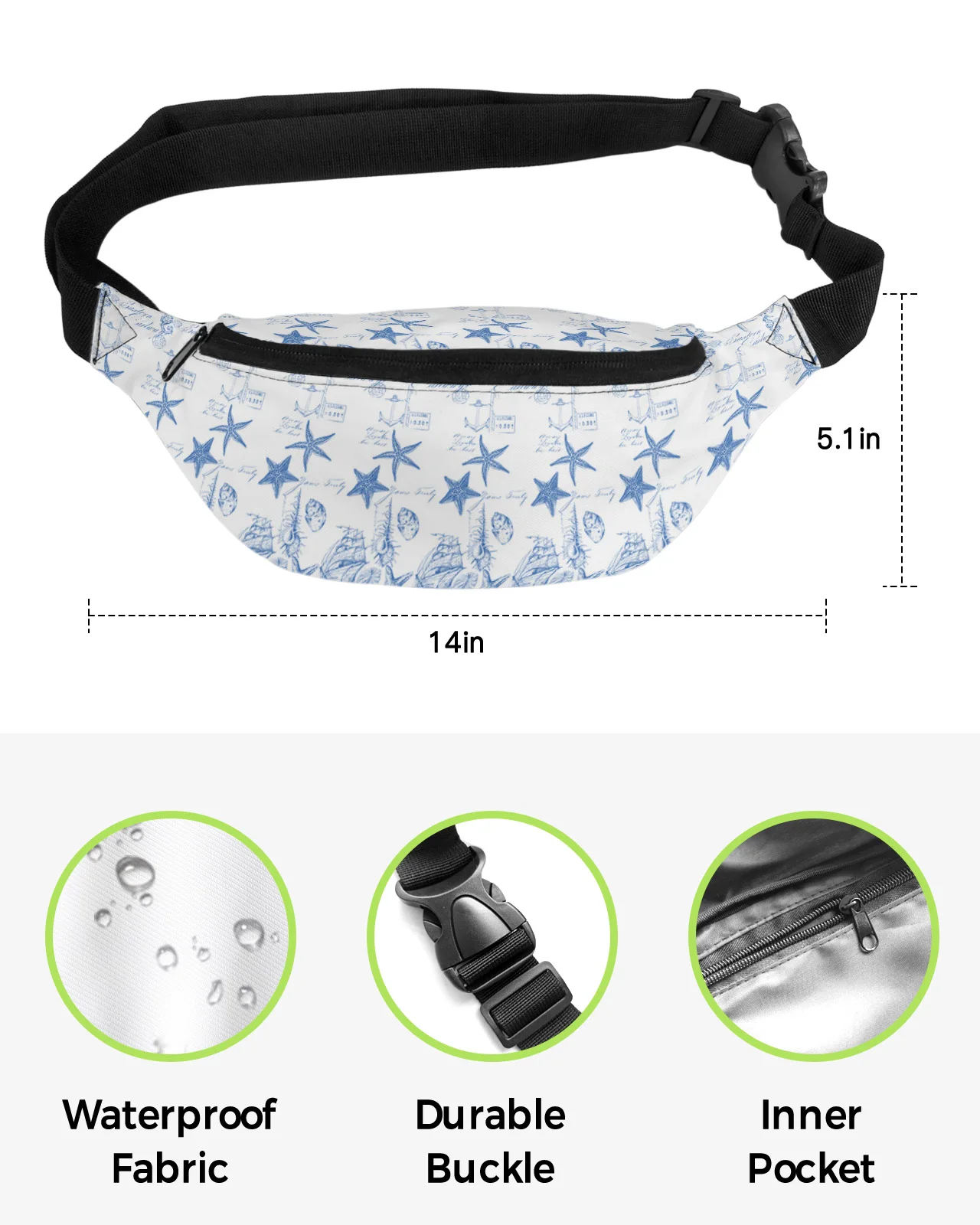 Blue Ocean Starfish Conch Seahorse Anchor Waist Bag Women Men Belt Bags Large Capacity Waist Pack Unisex Crossbody Chest Bag