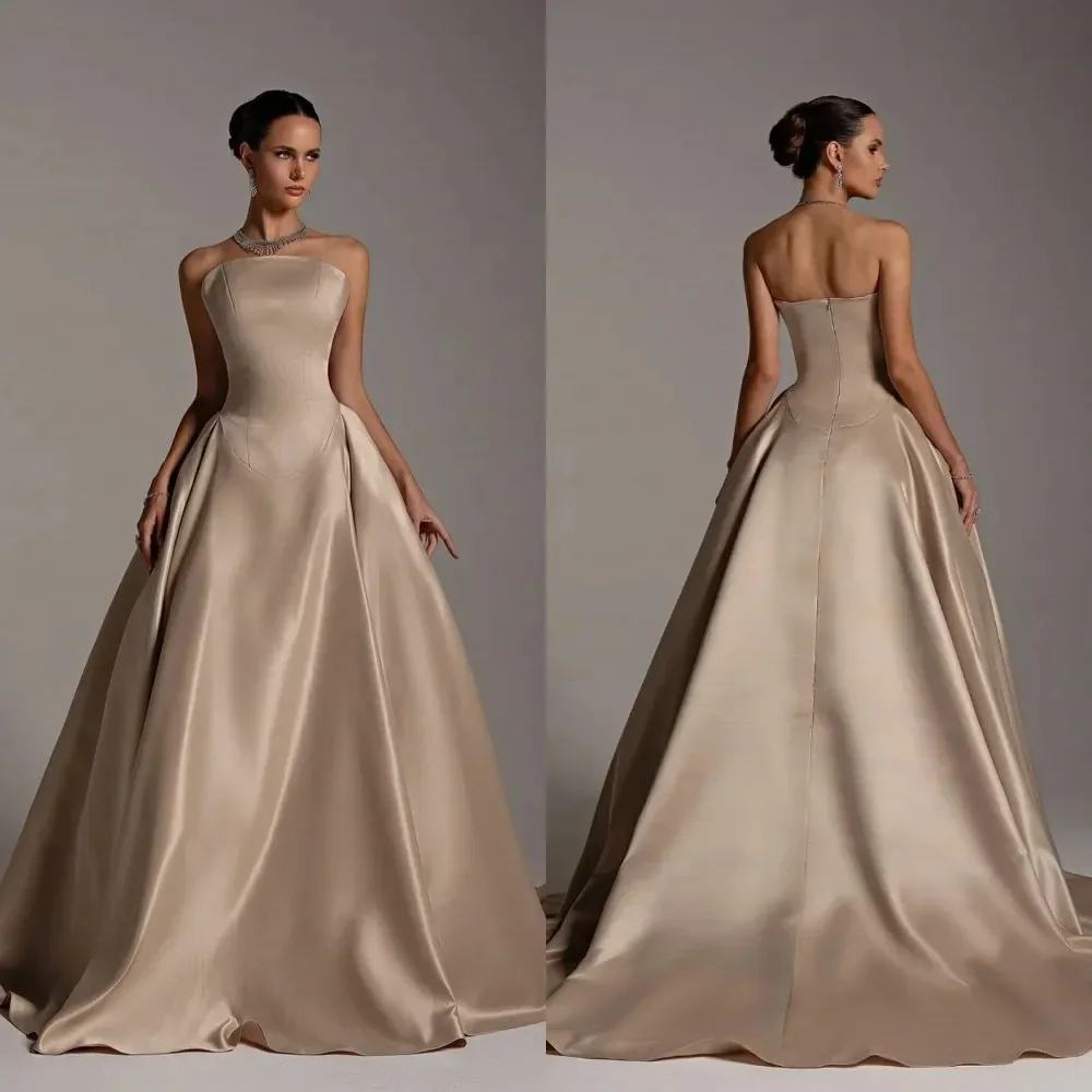 

Elegant Formal Evening Dress 2025 Strapless Pleat A-e Satin Prom Party Gowns Modern Customized