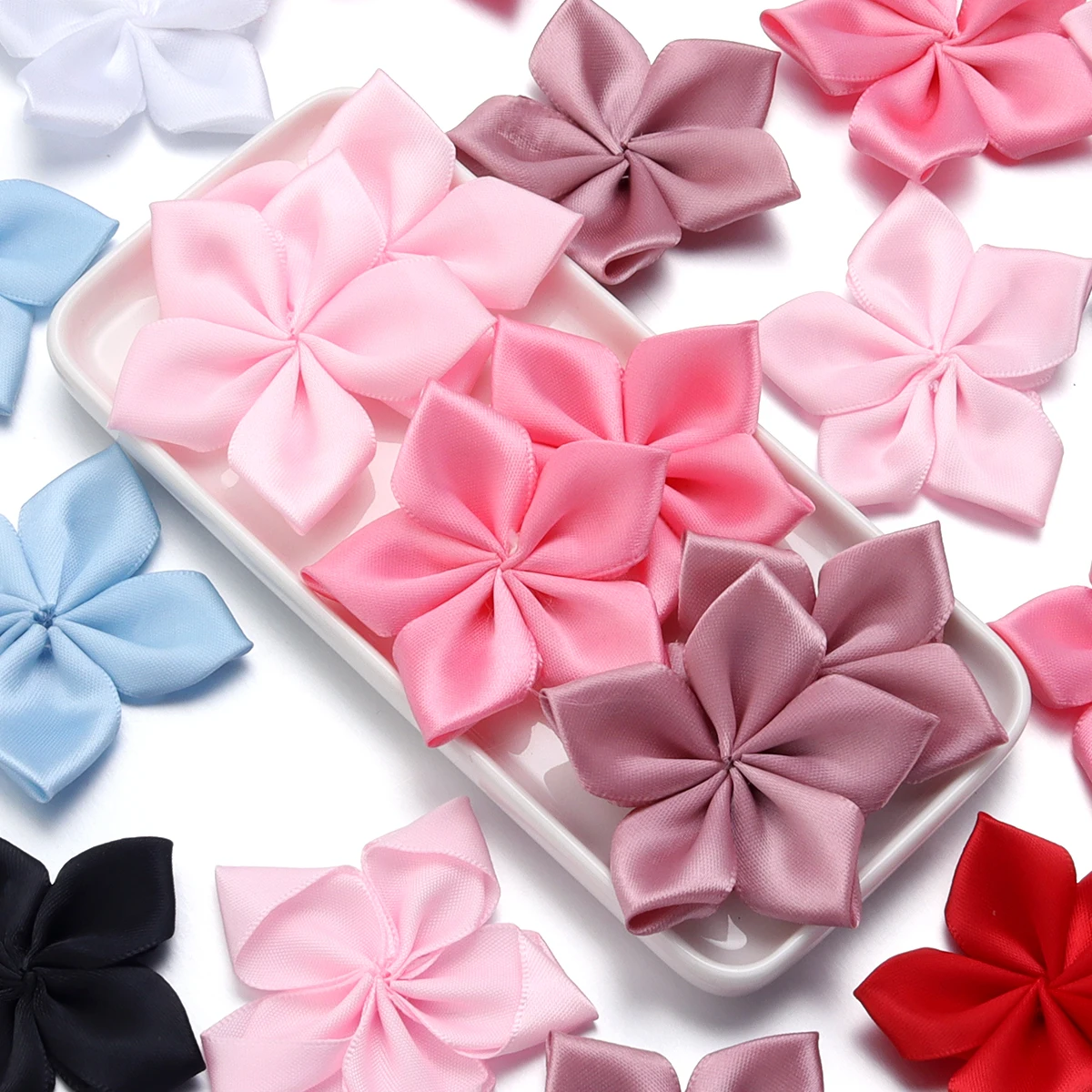 20Pcs/Lot Satin Ribbon Flowers Pentagon Artificial Fabric Flowers Handmade For DIY Crafts Sewing Supplies Clothing Decoration