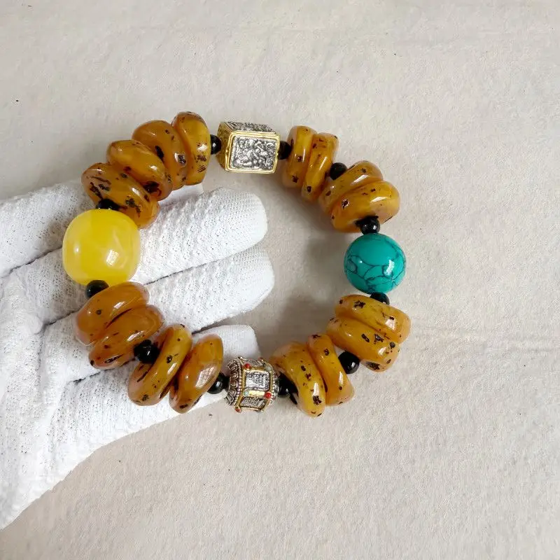 Vintage Handmade Chinese Style Good Luck Wealth Blessing Amber Resin Slice Beaded Bracelet With Turquoise Tibetan Pattern Square