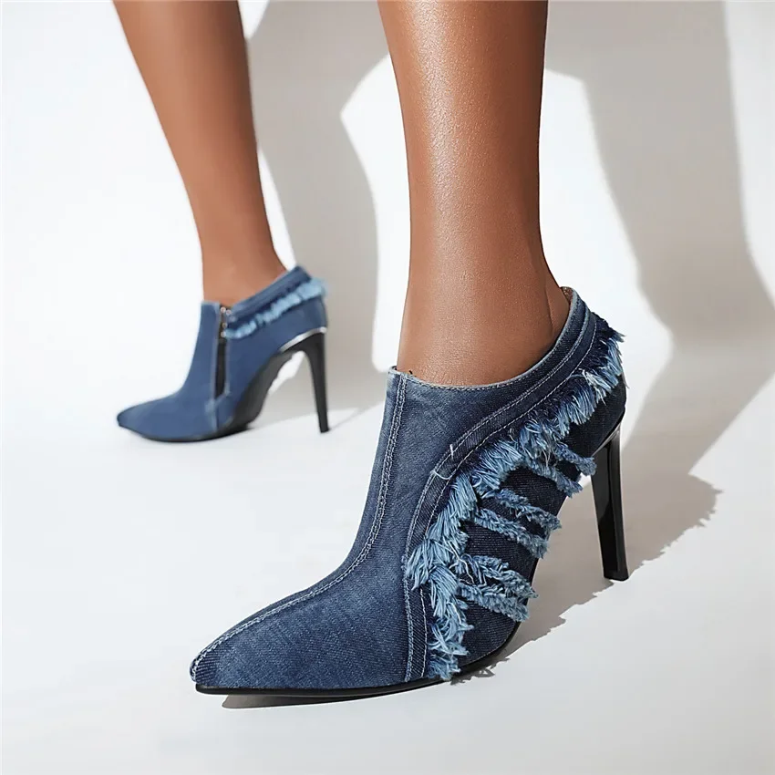 Women Ankle Boots Brushed Denim High Thin Heels Pointed Toe Pumps Blue Rubbed Jeans Party Dress Ladies Spring Autumn Short Boots