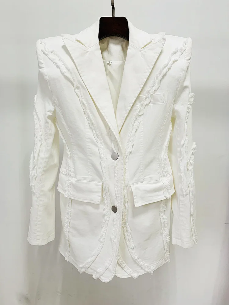 HIGH STREET-Conjunto de traje de diseñador para mujer, chaqueta vaquera blanca con flecos y borlas, almohadilla gruesa para los hombros, elegante, a