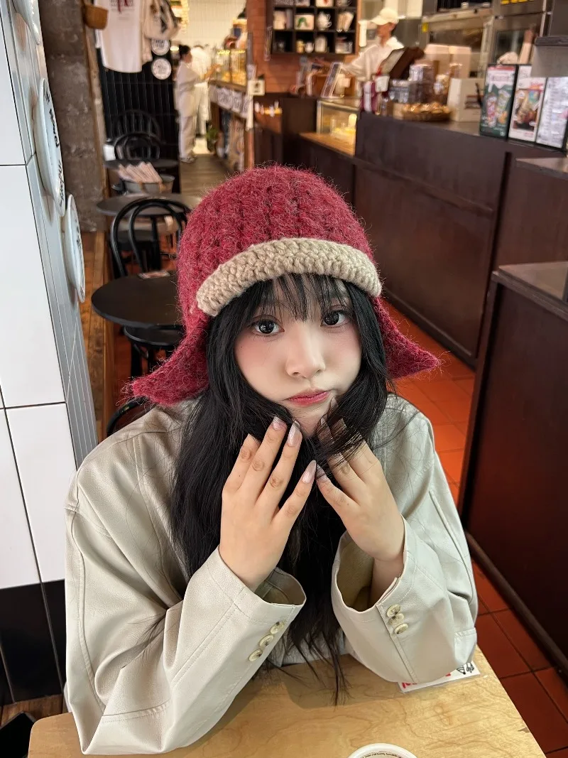 Korean Niche Hand-crocheted Ear Protector Short Brim Wool Beanie Cap Japanese Style Crochet Knitted Bomber Hat Flying Hat