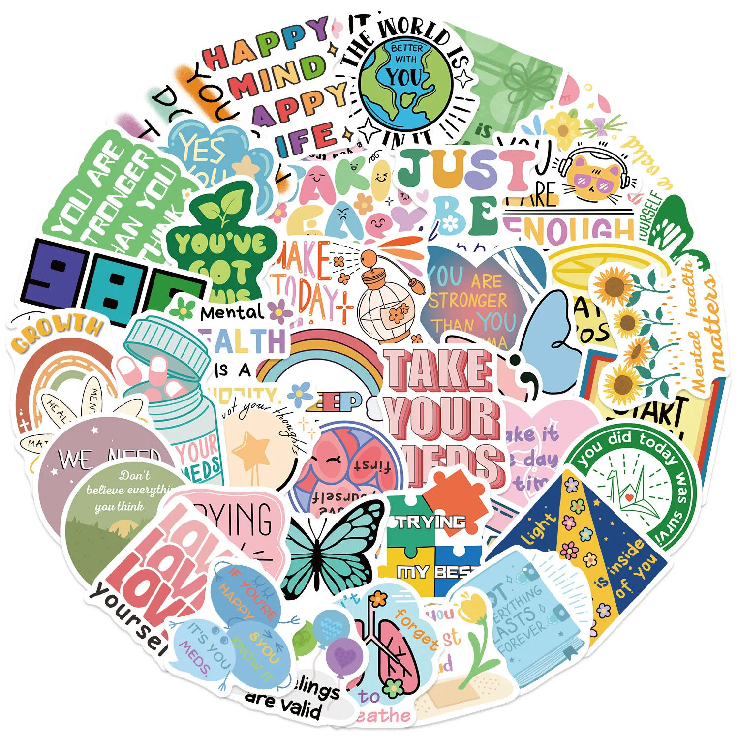 50PCS 만화 정신 건강 낙서 스티커 장식 기타 노트북 수하물 DIY 방수 펜 홀더 편지지 스티커