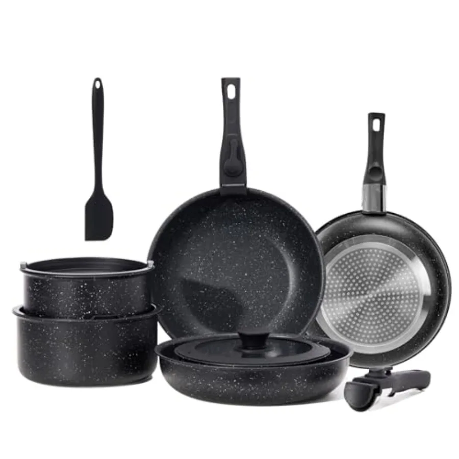 

12 pcs Pots and Pans Set Nonstick Kitchen Induction Cookware Suit with Detachable Handle Dishwasher Oven Safe Black