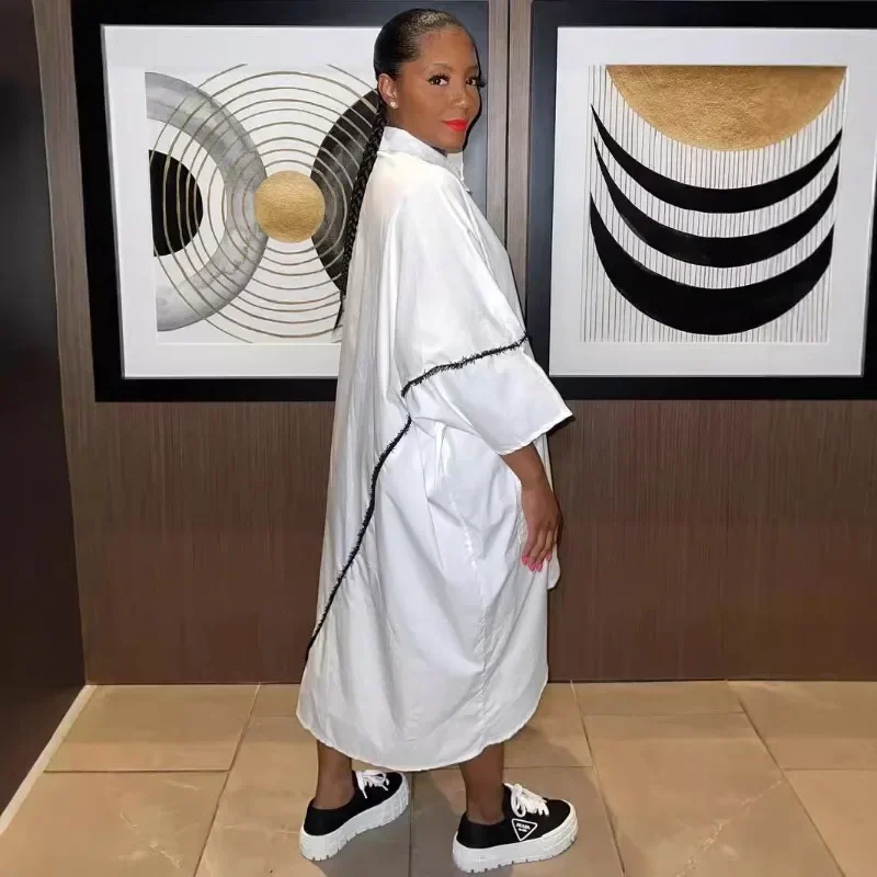 GUWU فستان نسائي فضفاض بأكمام طويلة وجيوب غير رسمية فستان ميدي أفريقيا للخريف مثير غير رسمي للحفلات الليلية والشارع فساتين قميص