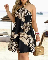 Mini vestido curto sem mangas sem costas para mulheres, pescoço solto, vestido de praia estampado, vestidos florais sexy, S-3XL, 2024