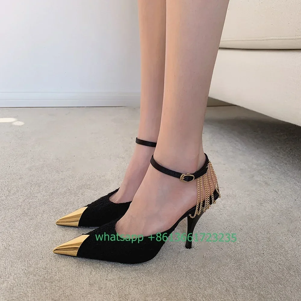 

Metal Pointed Suede Sandals Stiletto Back Chain Ankle Strap Women High Heels 2025 Summer New Fashion Sandals Party Banquet Shoes