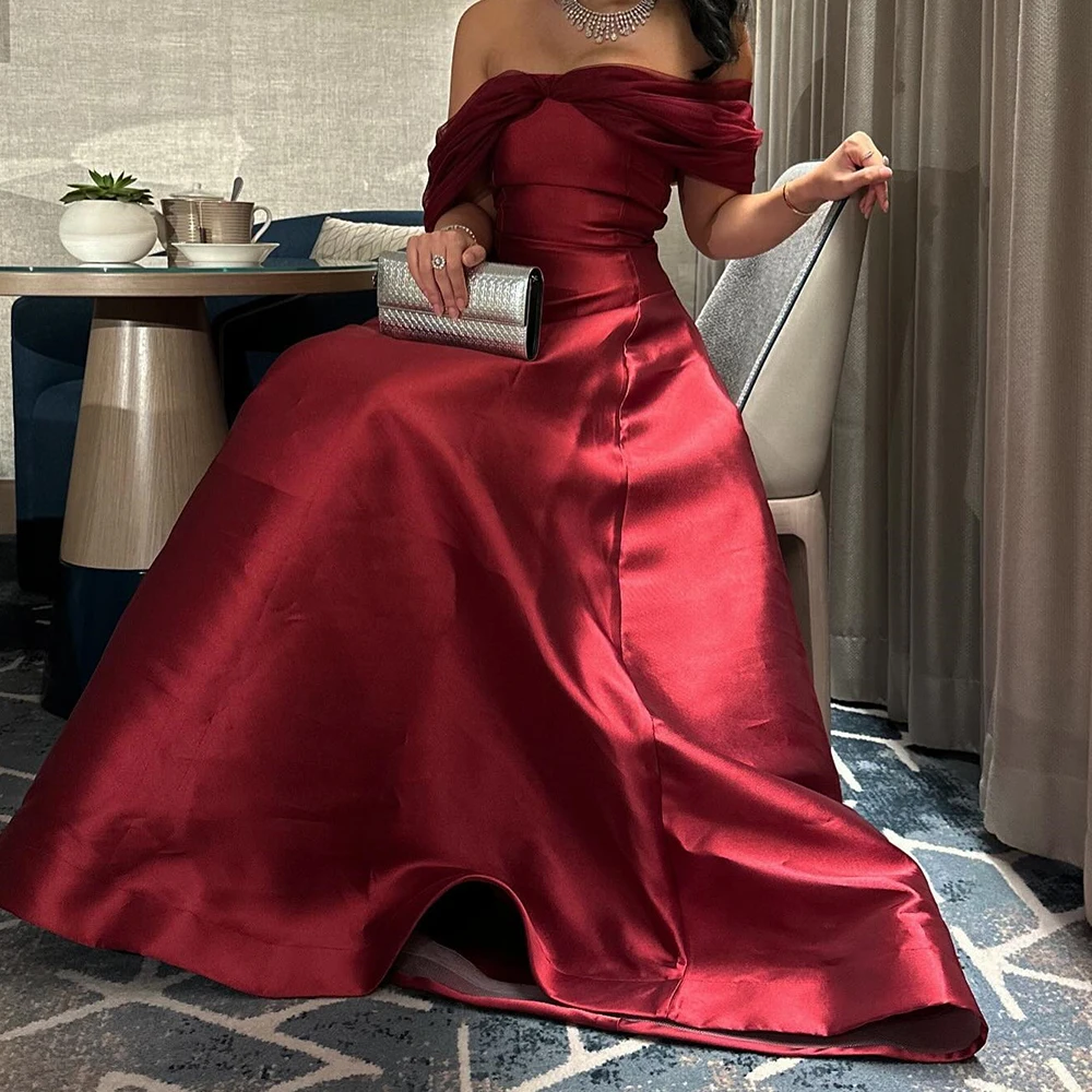 

Customized Satin A-Line Off the Shoulder Evening Dress Strapless Half Sleeves Zipper Back Floor Length Panel Train Burgundy