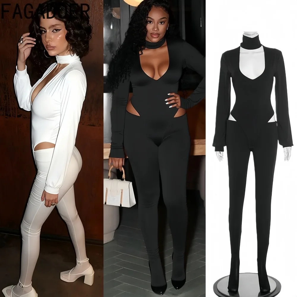 

FAGADOER Sexy Hollow-out 2 Pieces Set for Woman Outfit Solid Color Halter U Collar Playsuits + Pants Matching Female Streetwear