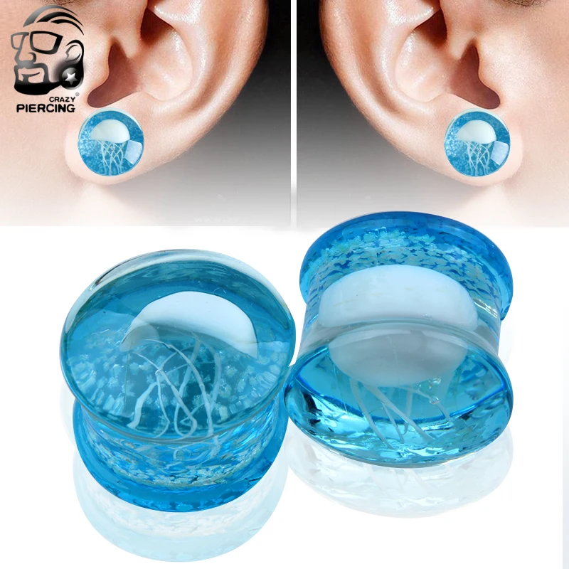 1pair Luminous Glass Saddle Ear Plugs Jellyfish Inner Tooth Auricle Screw Ear Plug Piercing Body Jewelry Unisex Ear Expander