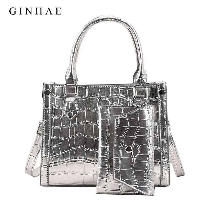 Luxury Stone Pattern Women Set Bag Metallic Color Leather Female Handbag Small Shoulder Crossbody Bags For Women Tote With Purse