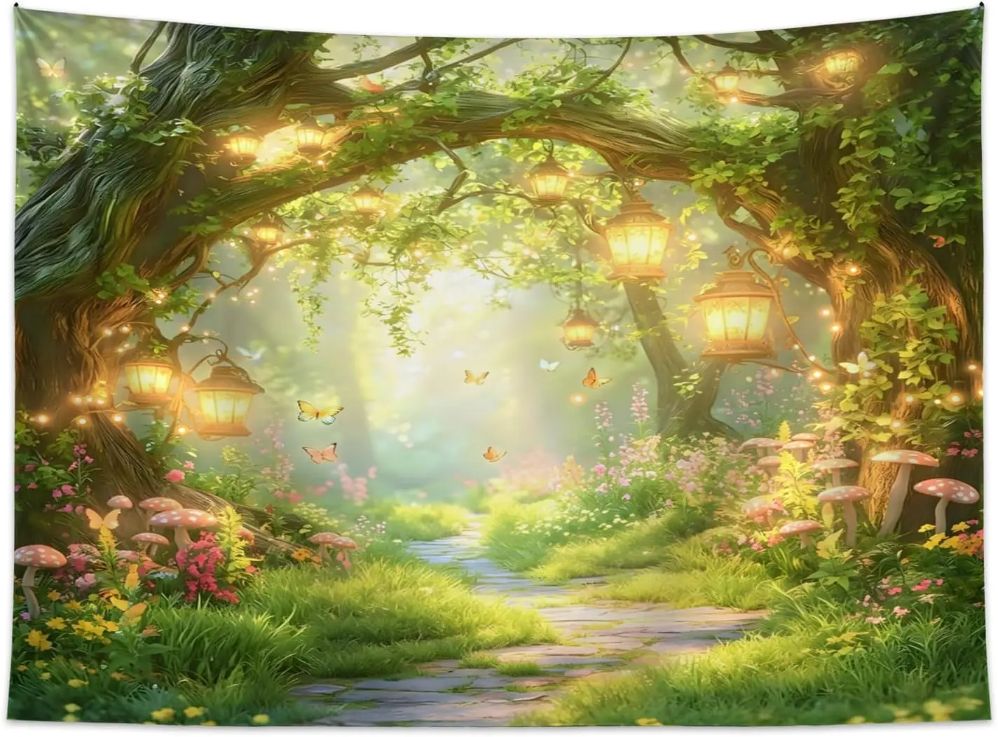Fantasy Forest Tapestry Fairy Magical Enchanted Misty Jungle Mushroom Floral Tree Butterfly Spring Wonderland Wall Decor Home