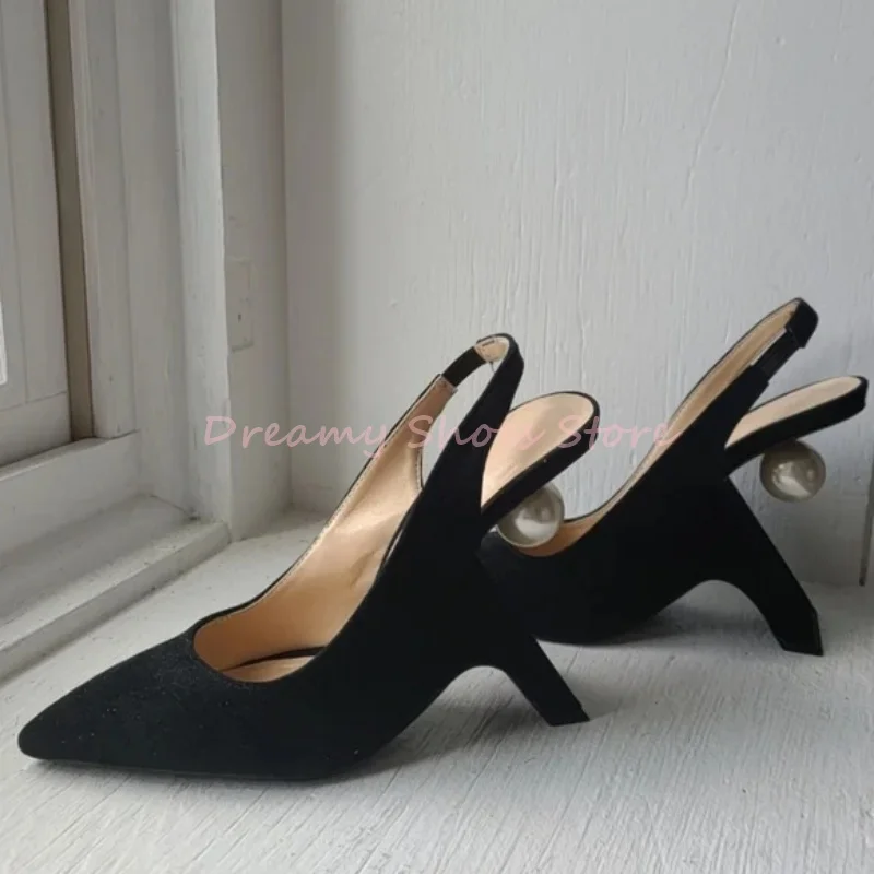 

Black Suede Pearl Decor Pointed Slingback Pumps Women Back Strap Hollow Strange Style High Heels Sexy Fashion Party Lady Shoes