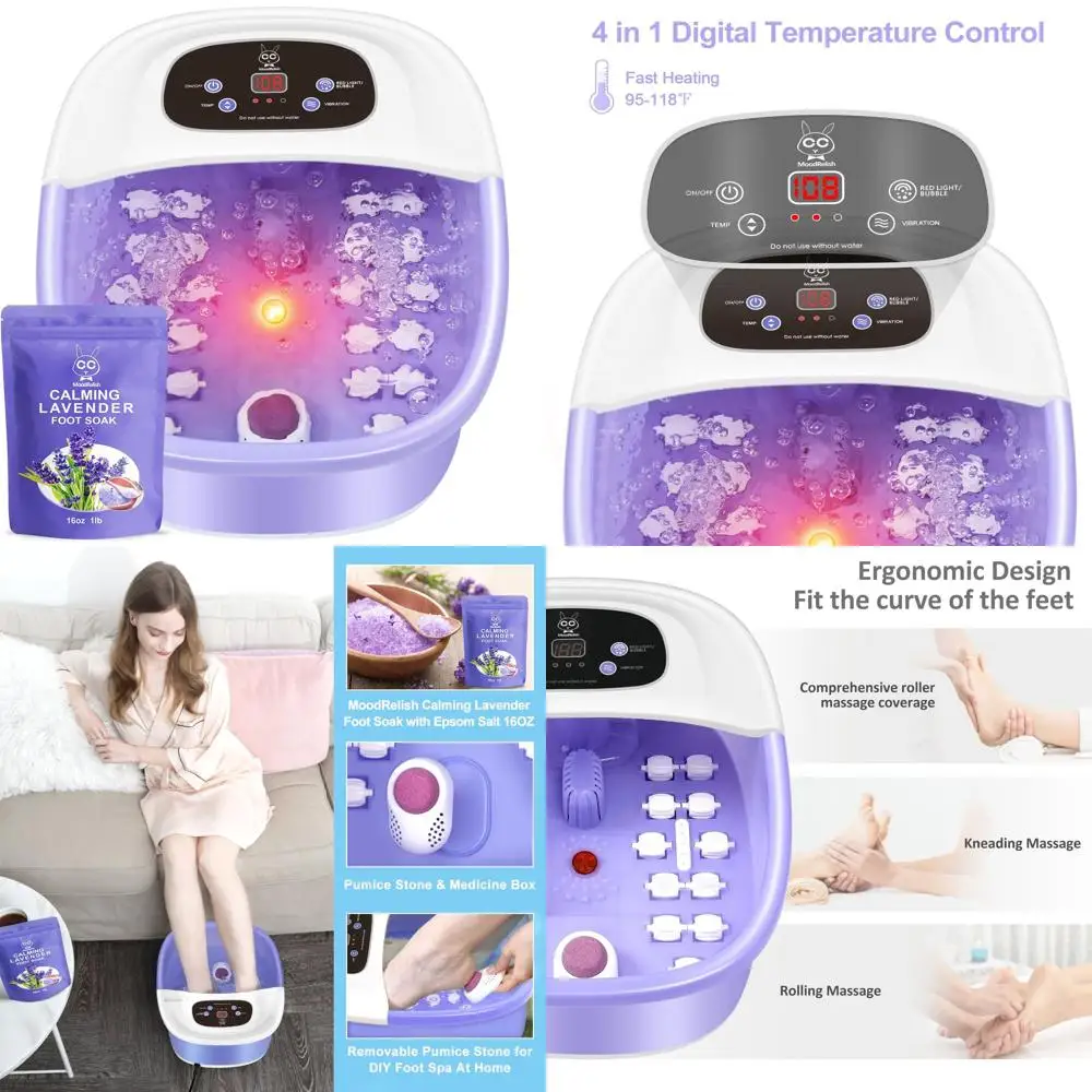 

Heated Bubble Foot Spa with Vibration Massage, 16 oz Lavender Soak, Red Light Therapy, 22 Rollers, Adjustable Temperature - Purp