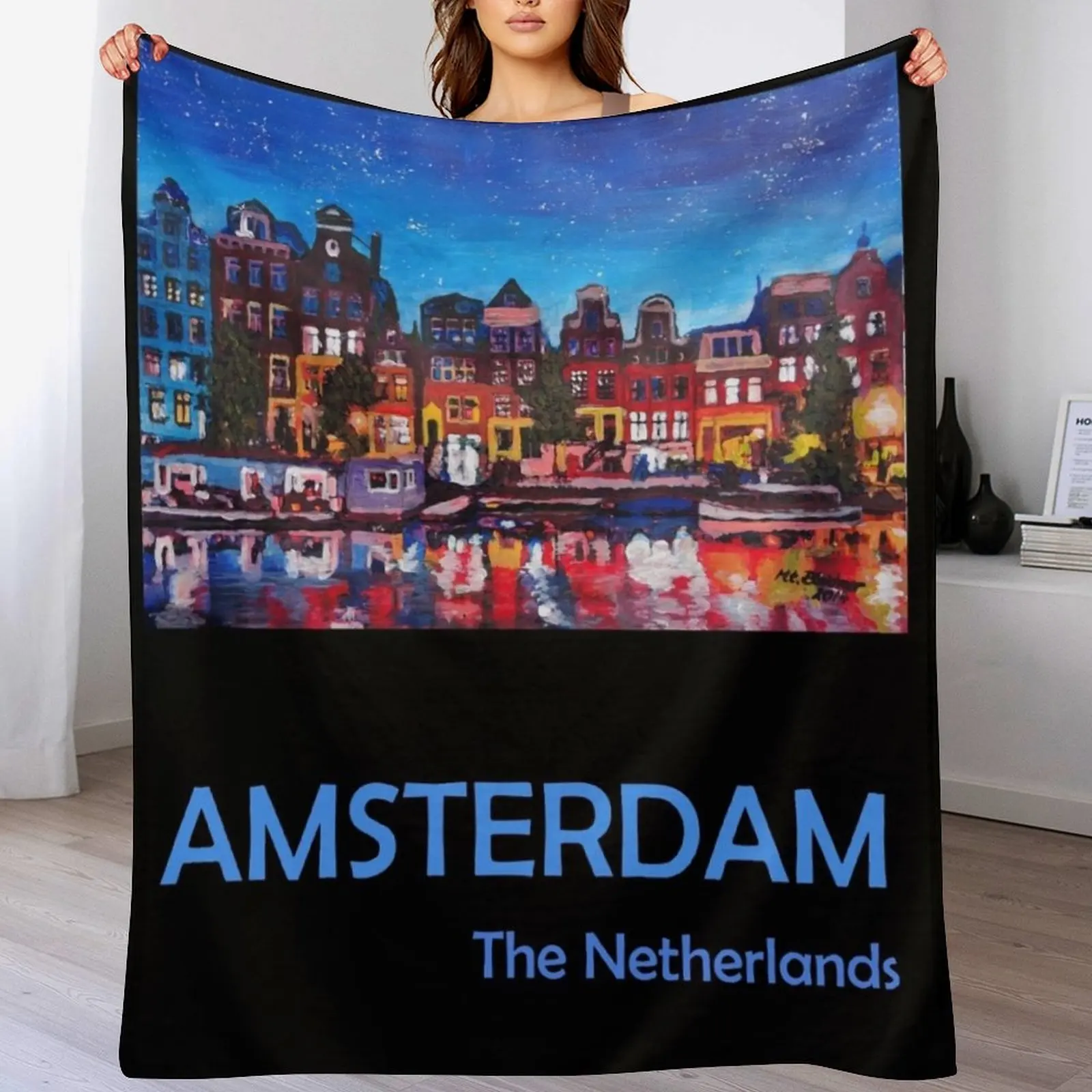 

Retro Travel Poster Amsterdam Netherlands Throw Blanket Warm Plush Fuzzy Blanket for Living Room