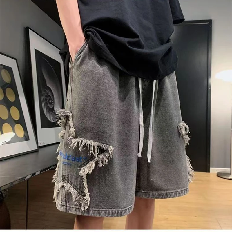 

Five-pointed Star Embroidered Denim Shorts Men's Summer High Street Japanese Loose Retro Trendy Pants