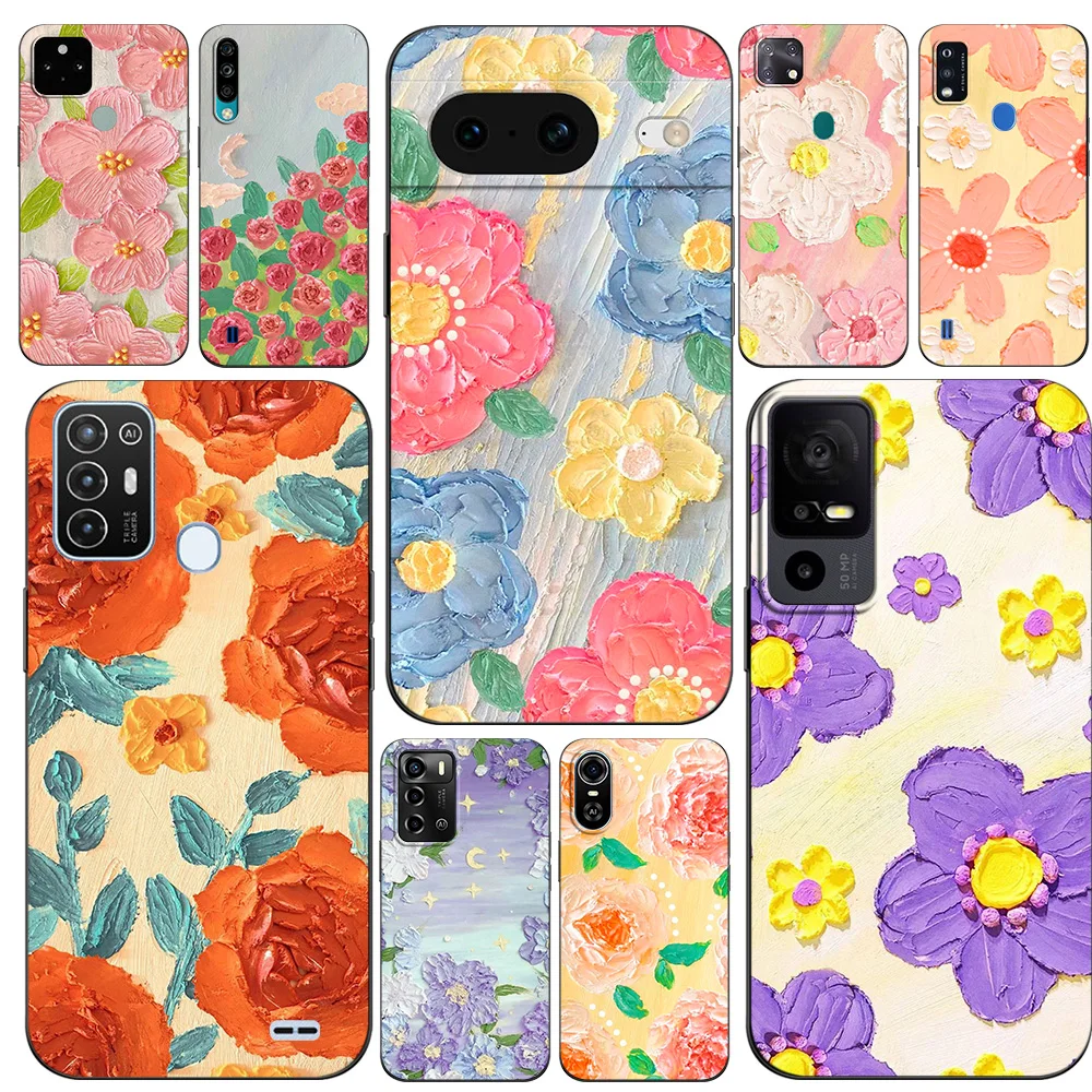 Black Tpu Case For TCL phone 30 plus 303 30XE 30V 30SE E 306 305 40R 40SE 405 406 408 romantic lovely flower