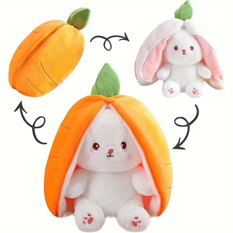 2 pieces BIG 13.8in of strawberry and carrot rabbit plush, Easter rabbit stuffed animal, cute double-sided zippered rabbit plush