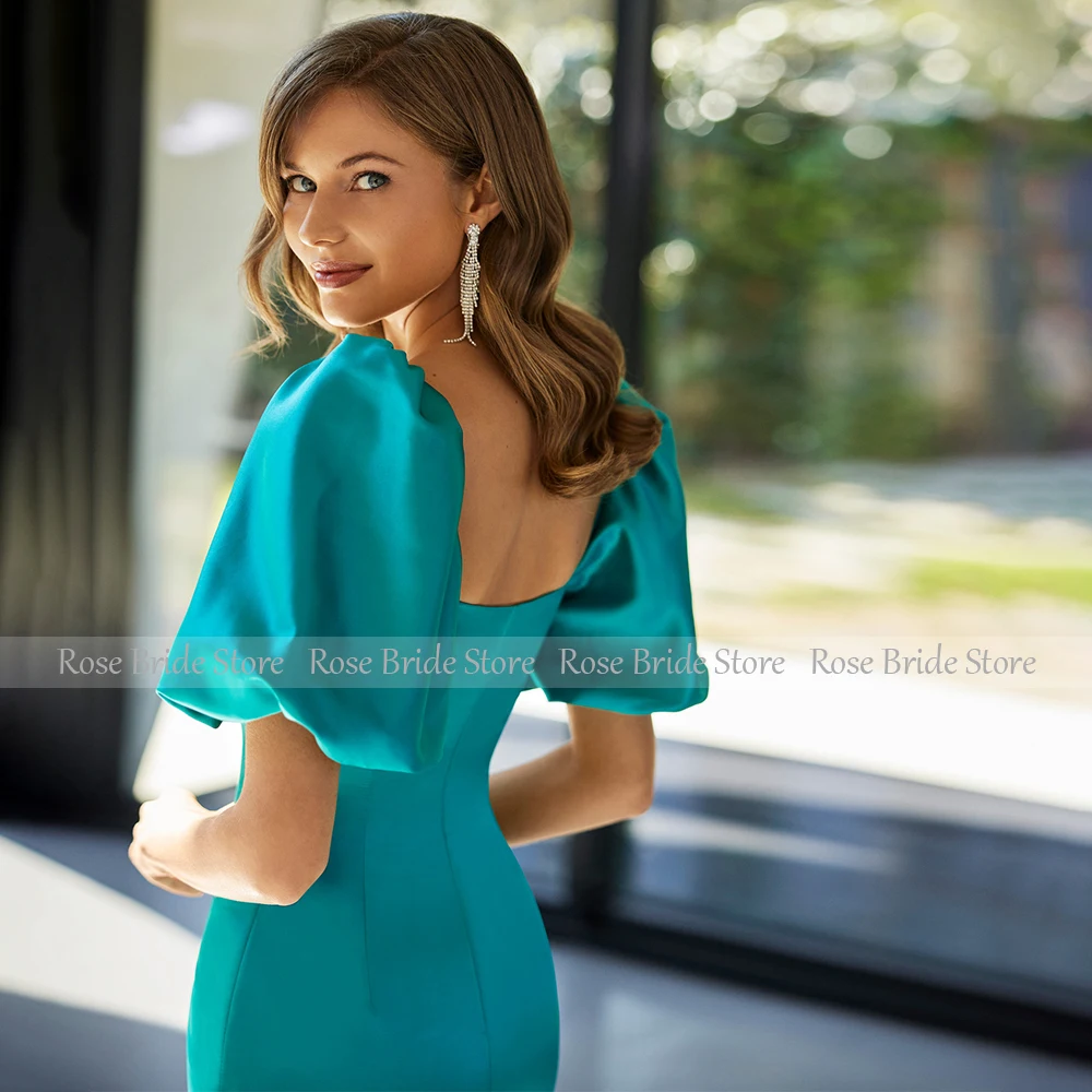 Turquoise Prom Dress for Youth Satin Short Puff Sleeves Column Prom Gowns with Detachable Train Square Collar Luxury Party Dress