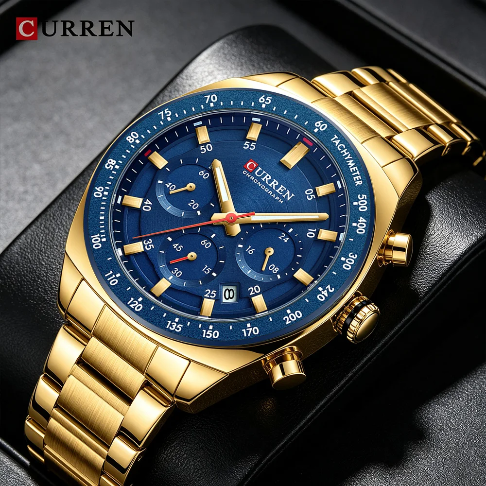 CURRERN 8497 Men's Chronograph Quartz Watch Luminous Hands Date Stainless Steel Band Luxury Business Sport Wristwatch Relógio
