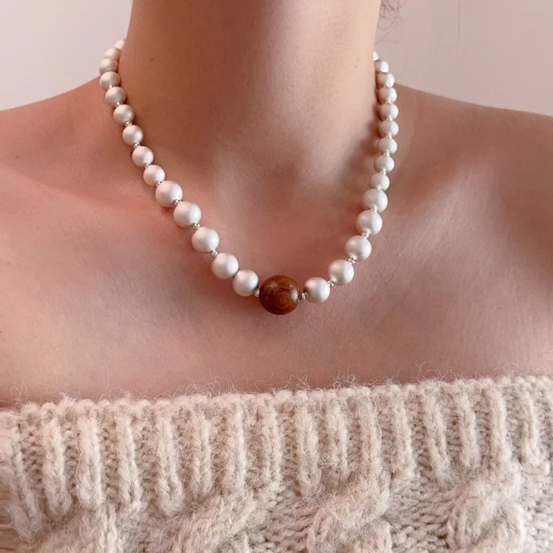 

Minar Temperament Matte Color Metallic Ball Wood Beads Beaded Necklace for Women Silver Plated Chain Strand Chokers Wholesale