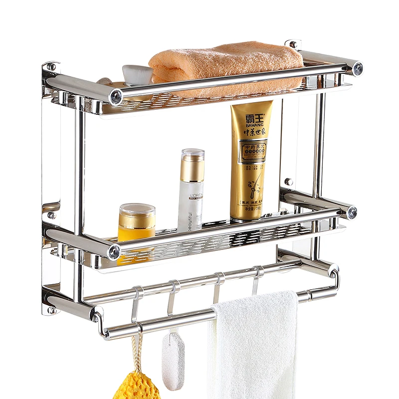 

Two-layer wall-mounted bathroom shelf, stainless steel hanger, shampoo storage, towel rack with hook