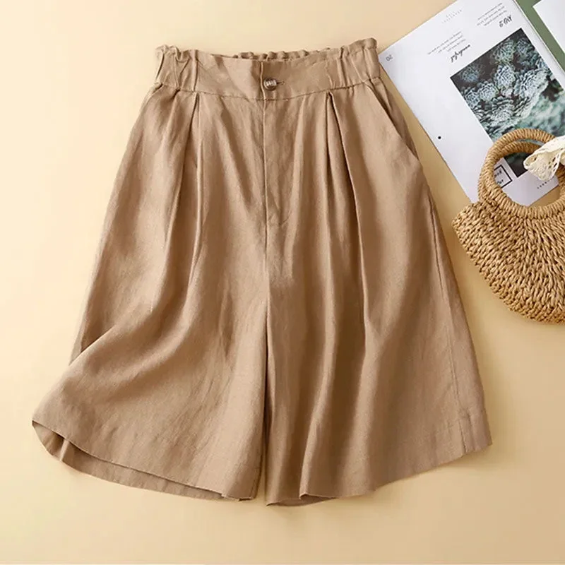 

Cotton and linen wide-leg shorts women's new Korean version fashion literary retro high waist casual five-point LJ186