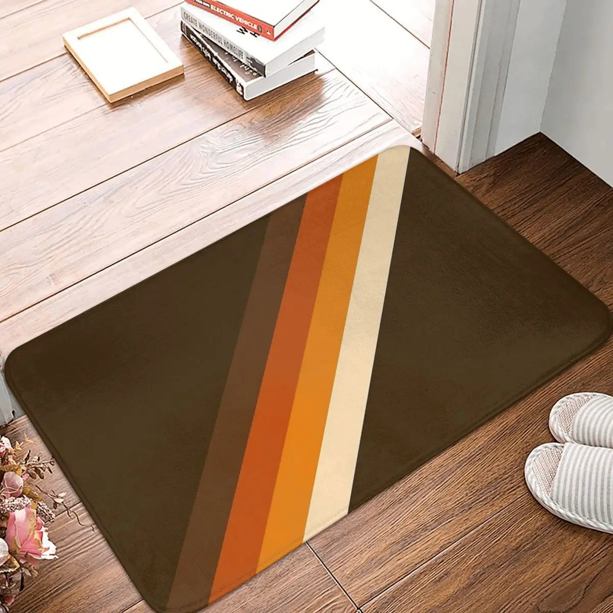 70s Orange And Brown Diagonal Lines Doormat Rug Carpet Mat Footpad Anti-slip Antiwear Front Room Corridor Kitchen Balcony Toilet